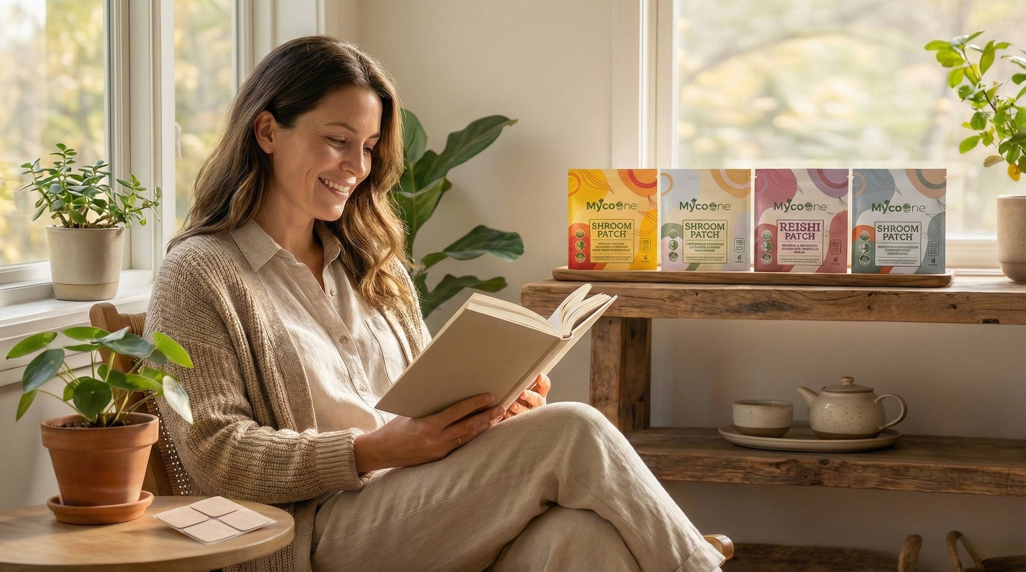 Woman reading a book in a cozy room with plants and a tea box on a table.