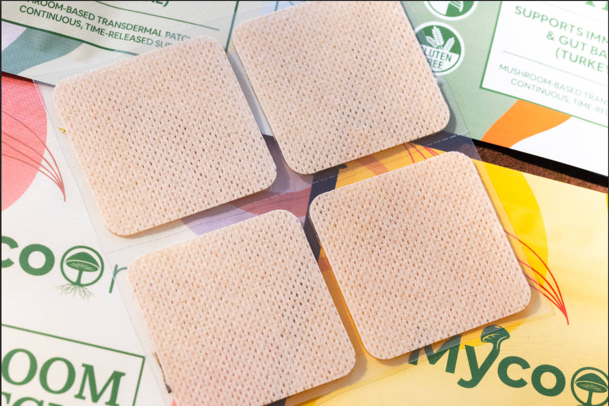 Four beige square patches on a colorful background with 'Myco' branding.